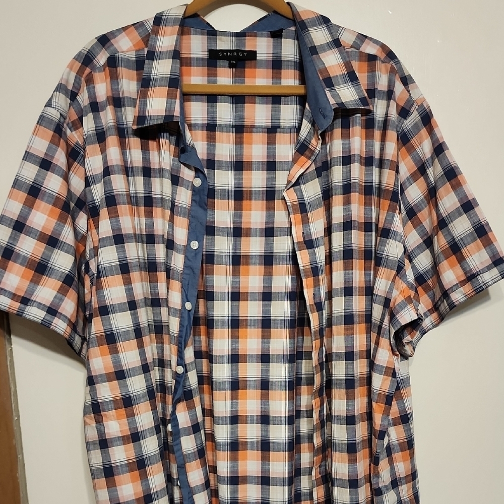 Synergy Organic Clothing Orange and Blue Casual Button Down Shirt
